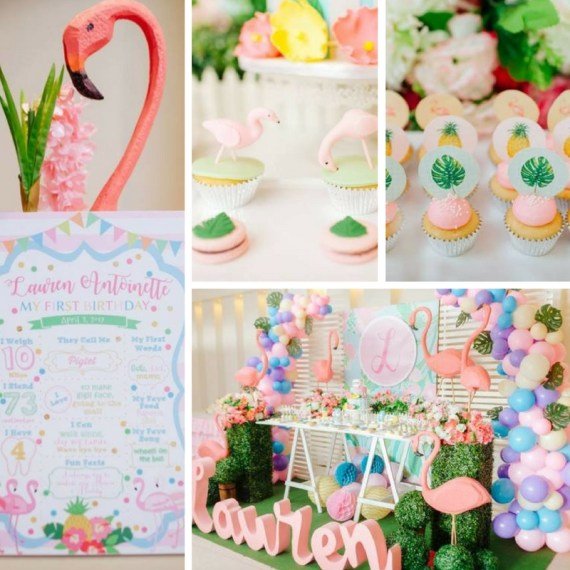 Tropical Flowers And Flamingos Birthday