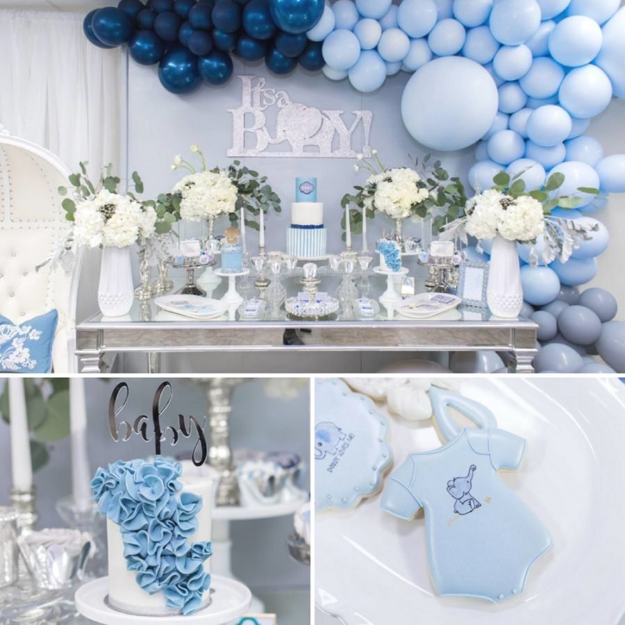 A Stylish Blue And Silver Elephant Baby Shower