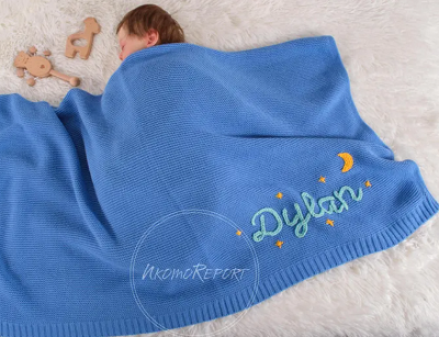 Personalized Hand-Embroidered Knit Baby Blanket